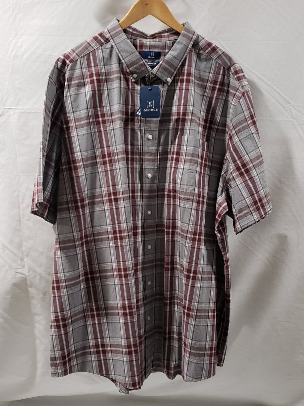 George Men's Cotton Shirt Short Sleeve 4XL (58-60) Plaid Red, Gray Brand New